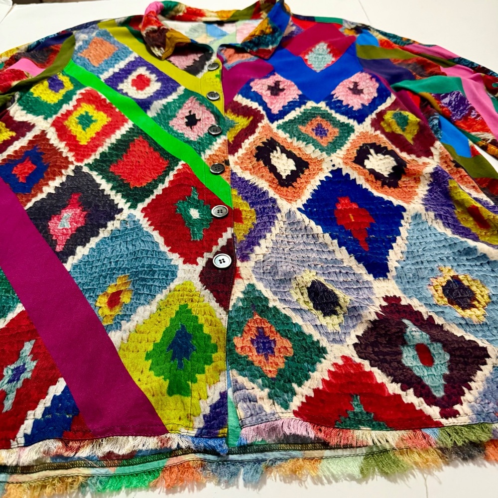 John Mark Bold Mod Market Multicolor Tunic Blouse Size XL Artsy Festive Boho - Picture 6 of 16